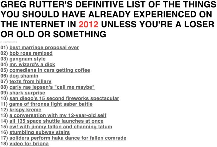 Greg Rutter's Definitive List of The Things You Should Have Already Experienced On The Internet In 2012 Unless You're a Loser or Old or Something